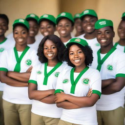 A realistic model of NYSC (National Youth Service Corps) members wearing their official uniform with 'NYSC' clearly printed on their shirts