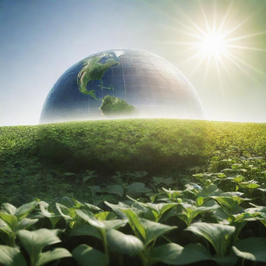 Create an image where Earth is depicted as a large greenhouse with sunshine penetrating it. Illustrate abstract green layers representing the atmosphere between the Sun and Earth.