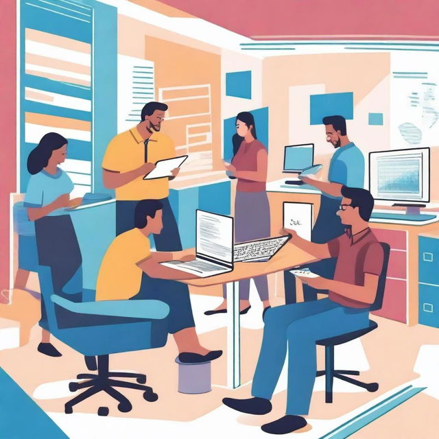 A vibrant and creative illustrated image depicting Indian college students enthusiastically working on real projects during their internships at Rooman