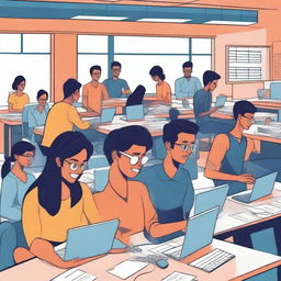 A vibrant and creative illustrated image depicting Indian college students enthusiastically working on real projects during their internships at Rooman