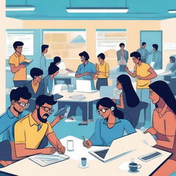 A vibrant and creative illustrated image depicting Indian college students enthusiastically working on real projects during their internships at Rooman