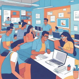 A vibrant and creative illustrated image depicting Indian college students enthusiastically working on real projects during their internships at Rooman