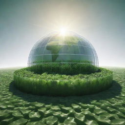 Create an image where Earth is depicted as a large greenhouse with sunshine penetrating it. Illustrate abstract green layers representing the atmosphere between the Sun and Earth.