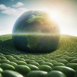 Create an image where Earth is depicted as a large greenhouse with sunshine penetrating it. Illustrate abstract green layers representing the atmosphere between the Sun and Earth.