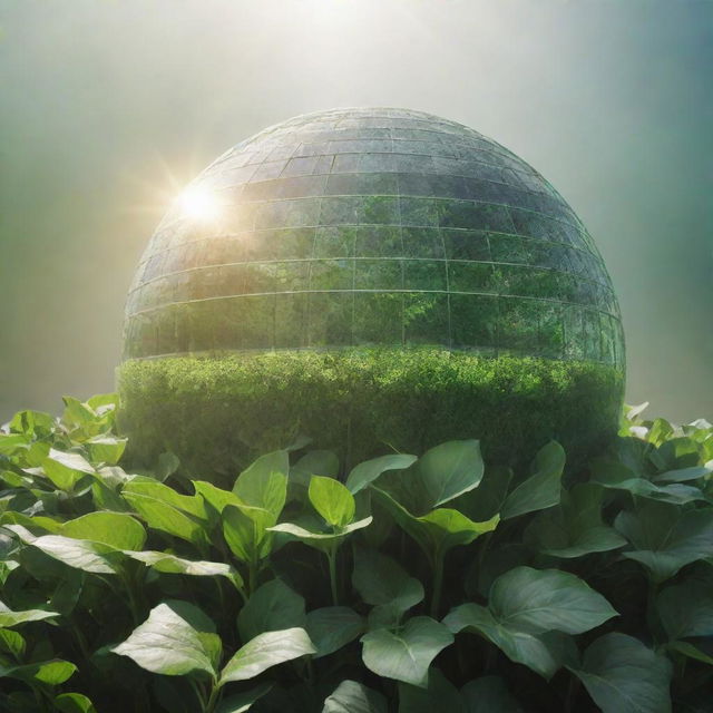 Create an image where Earth is depicted as a large greenhouse with sunshine penetrating it. Illustrate abstract green layers representing the atmosphere between the Sun and Earth.