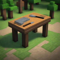 A pixel texture of the top of a workbench from Minecraft, featuring the distinct wooden planks and tools layout in a detailed pixelated style, matching the aesthetic of the Minecraft game