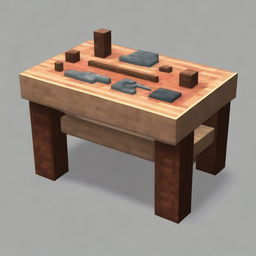 A pixel texture of the top of a workbench from Minecraft, featuring the distinct wooden planks and tools layout in a detailed pixelated style, matching the aesthetic of the Minecraft game