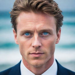 A well-dressed, affluent man with captivating blue eyes reminiscent of a sprawling ocean.