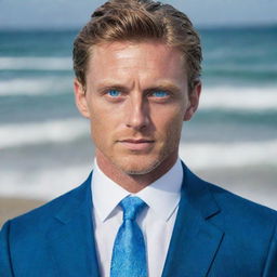 A well-dressed, affluent man with captivating blue eyes reminiscent of a sprawling ocean.