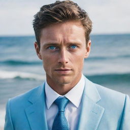 A well-dressed, affluent man with captivating blue eyes reminiscent of a sprawling ocean.