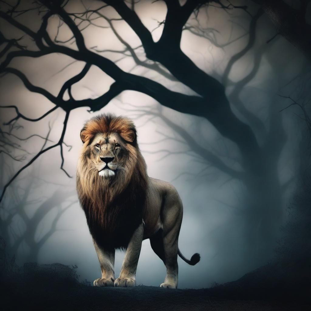 A soft-hearted lion with a gentle expression, standing in a horror-themed background