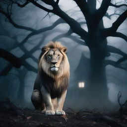 A soft-hearted lion with a gentle expression, standing in a horror-themed background