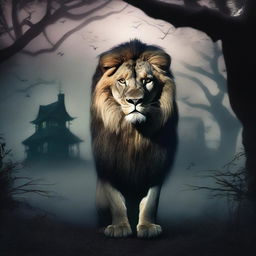 A soft-hearted lion with a gentle expression, standing in a horror-themed background