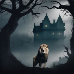 A soft-hearted lion with a gentle expression, standing in a horror-themed background