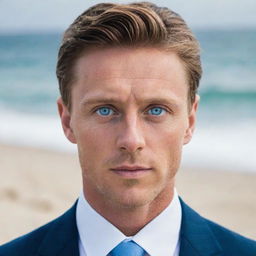 A well-dressed, affluent man with captivating blue eyes reminiscent of a sprawling ocean.