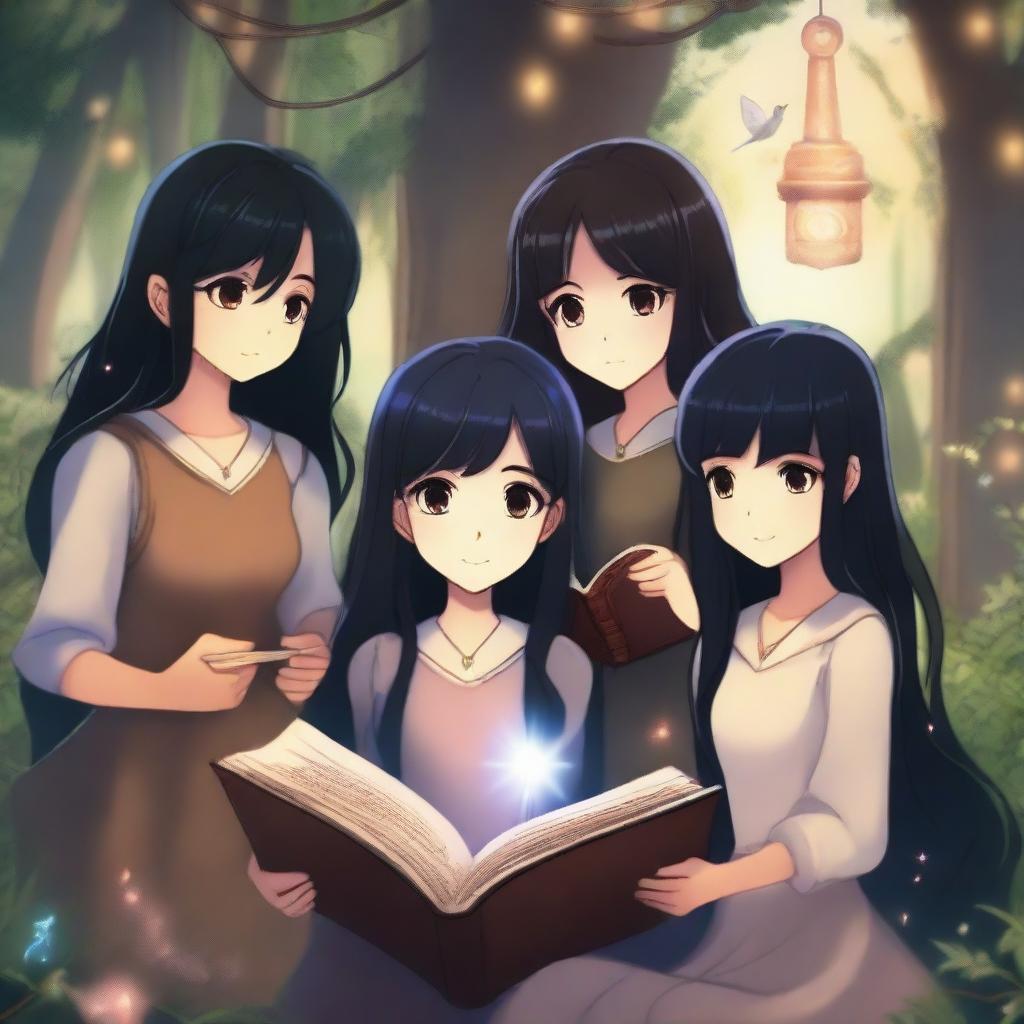 A girl with long black hair is holding a wand and reading a book