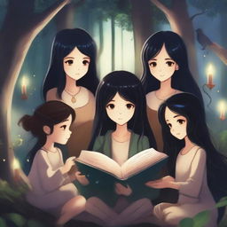 A girl with long black hair is holding a wand and reading a book