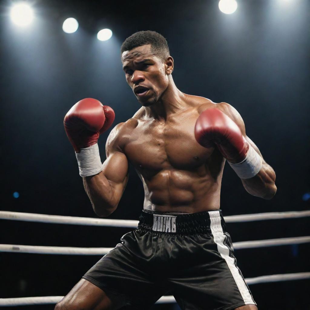 An athletic boxer in dynamic pose mid-punch inside a professional boxing ring under spotlights