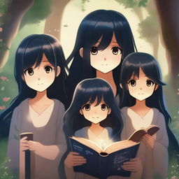 A girl with long black hair is holding a wand and reading a book