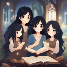 A girl with long black hair is holding a wand and reading a book