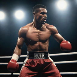 An athletic boxer in dynamic pose mid-punch inside a professional boxing ring under spotlights