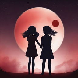 Design a book cover for a novel featuring three girls and one boy, all holding wands and pointing them at a blood moon eclipse