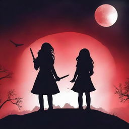 Design a book cover for a novel featuring three girls and one boy, all holding wands and pointing them at a blood moon eclipse