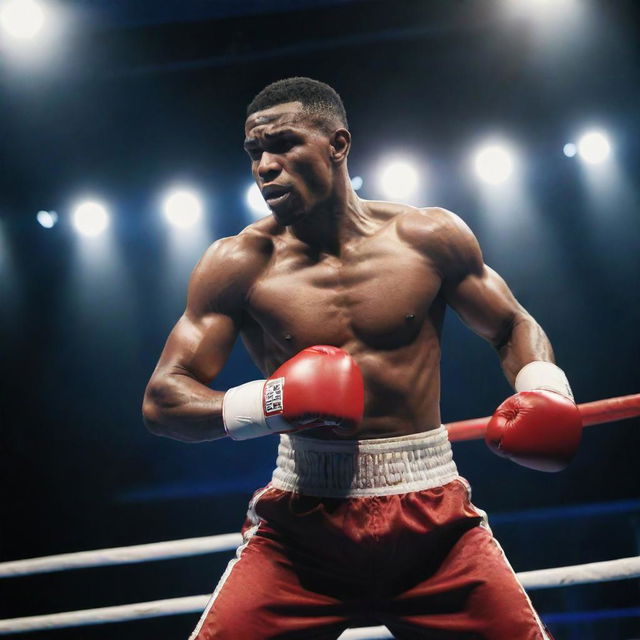 An athletic boxer in dynamic pose mid-punch inside a professional boxing ring under spotlights