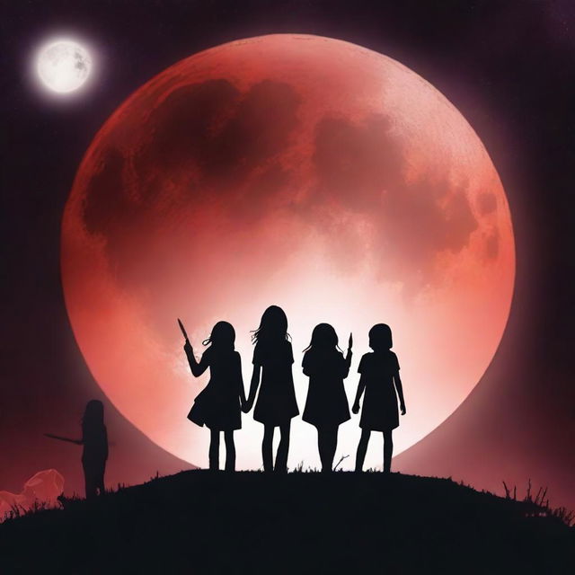 Design a book cover for a novel featuring three girls and one boy, all holding wands and pointing them at a blood moon eclipse