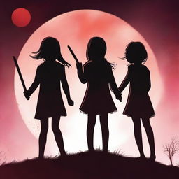 Design a book cover for a novel featuring three girls and one boy, all holding wands and pointing them at a blood moon eclipse