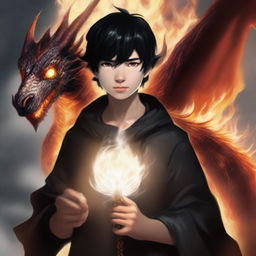 Create an image of a boy with black hair and brown eyes holding a wand