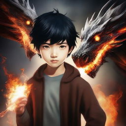 Create an image of a boy with black hair and brown eyes holding a wand