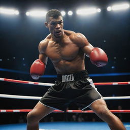 An athletic boxer in dynamic pose mid-punch inside a professional boxing ring under spotlights