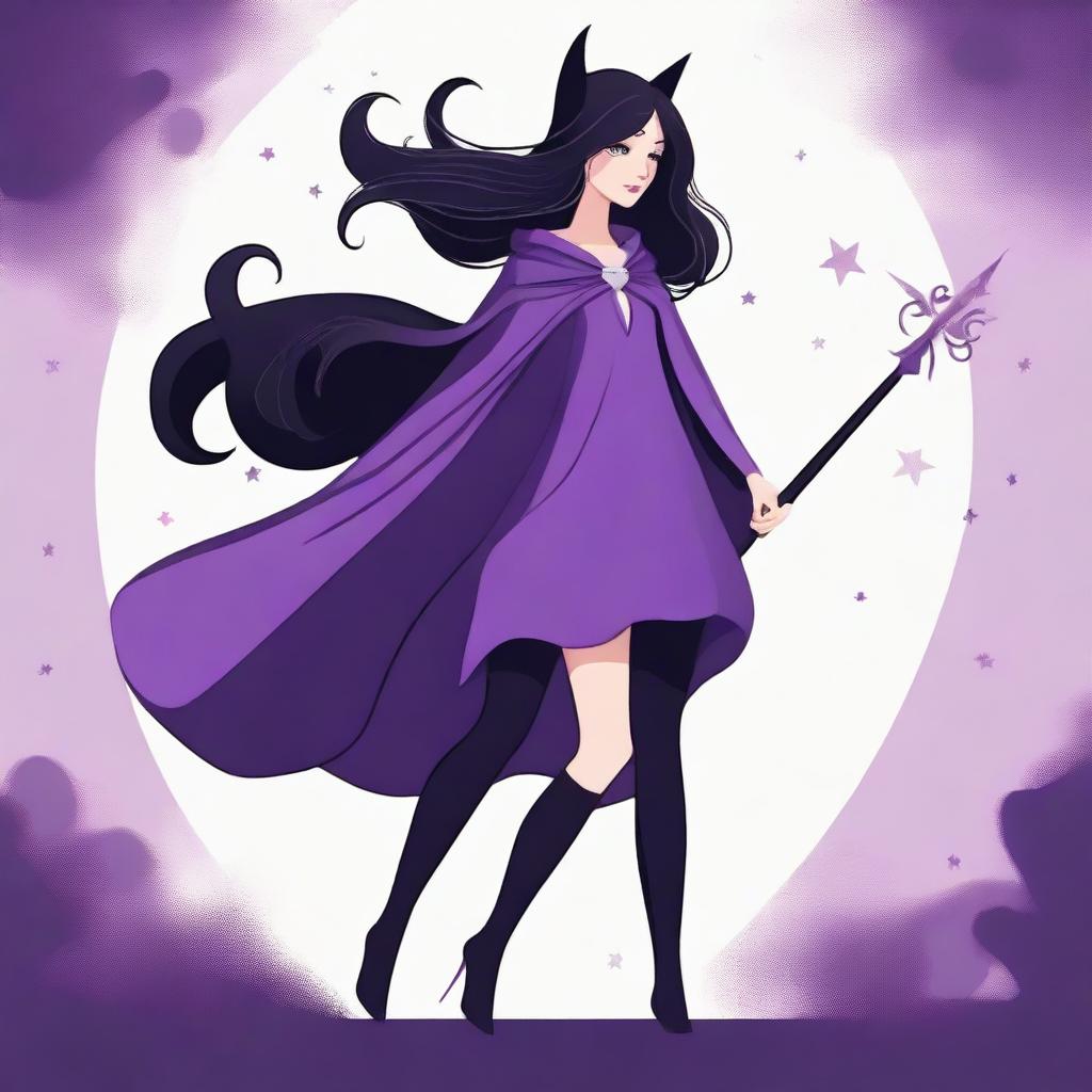 Create an image of a girl with black hair dressed in a purple cape, holding a wand