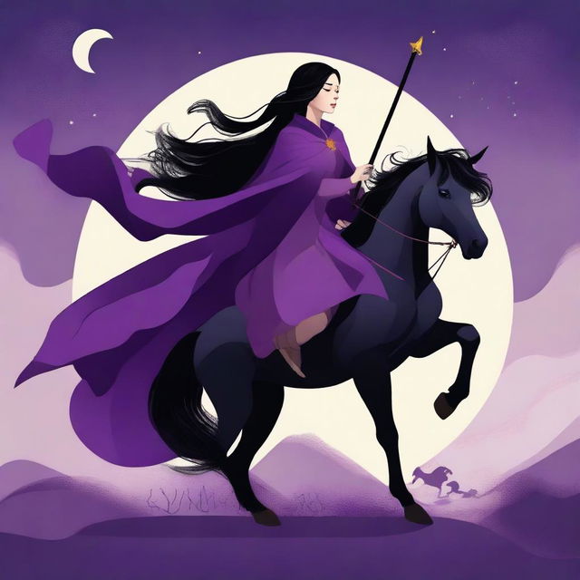 Create an image of a girl with black hair dressed in a purple cape, holding a wand