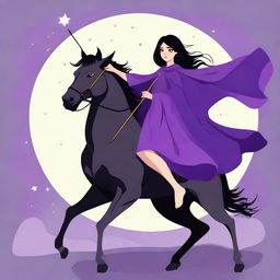 Create an image of a girl with black hair dressed in a purple cape, holding a wand