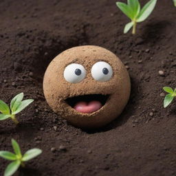 A vivid and lifelike portrayal of a seed character embedded in rich soil, displaying irate and fuming facial expressions.