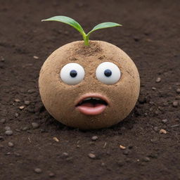 A vivid and lifelike portrayal of a seed character embedded in rich soil, displaying irate and fuming facial expressions.