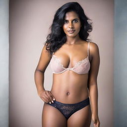 A beautiful, average-sized Sri Lankan woman wearing lingerie, posing elegantly