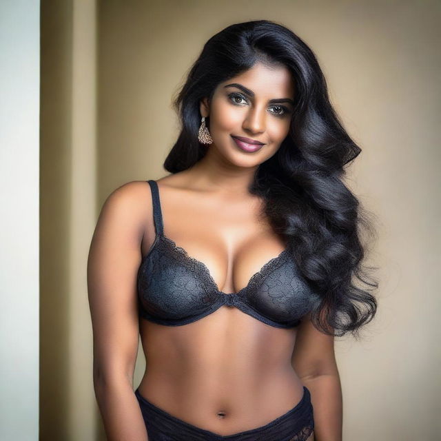 A beautiful, average-sized woman of Sri Lankan origin, living in the UK, wearing lingerie and posing elegantly