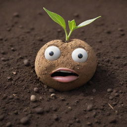 A vivid and lifelike portrayal of a seed character embedded in rich soil, displaying irate and fuming facial expressions.