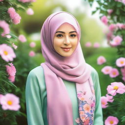 A beautiful Hijabi girl standing gracefully, wearing a stylish and colorful hijab