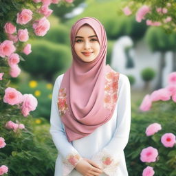 A beautiful Hijabi girl standing gracefully, wearing a stylish and colorful hijab