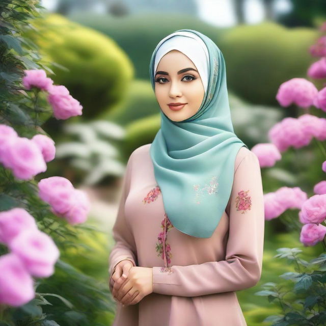 A beautiful Hijabi girl standing gracefully, wearing a stylish and colorful hijab