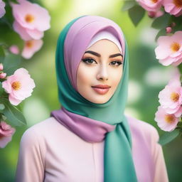 A beautiful Hijabi girl standing gracefully, wearing a stylish and colorful hijab