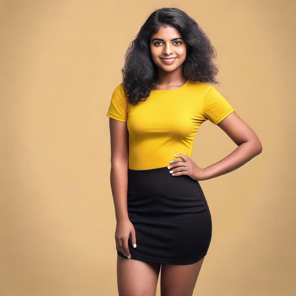 A beautiful, average-sized woman of Sri Lankan origin, wearing a black tight office skirt and a yellow t-shirt