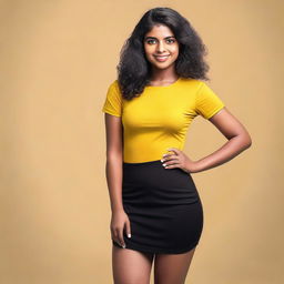 A beautiful, average-sized woman of Sri Lankan origin, wearing a black tight office skirt and a yellow t-shirt