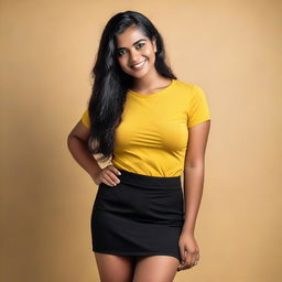 A beautiful, average-sized woman of Sri Lankan origin, wearing a black tight office skirt and a yellow t-shirt