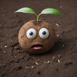 A vivid and lifelike portrayal of a seed character embedded in rich soil, displaying irate and fuming facial expressions.