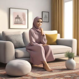 A realistic depiction of a Hijabi girl at home